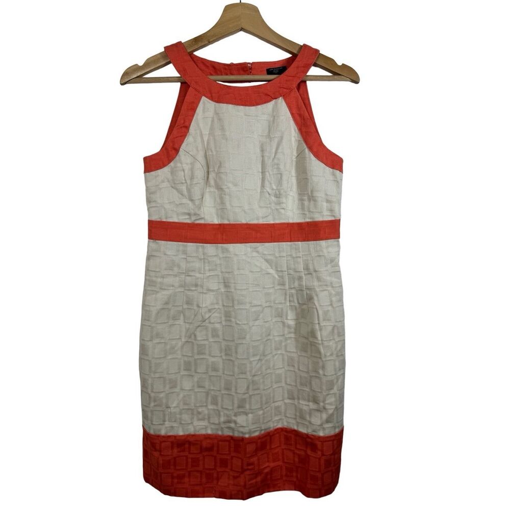 Ann Taylor Sleeveless Tan & Orange Midi Career Work Dress Size 2 petite